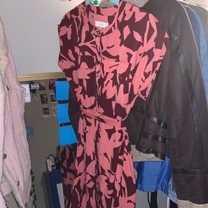 Loft Pink and Burgundy Patterned Dress w/ Belt